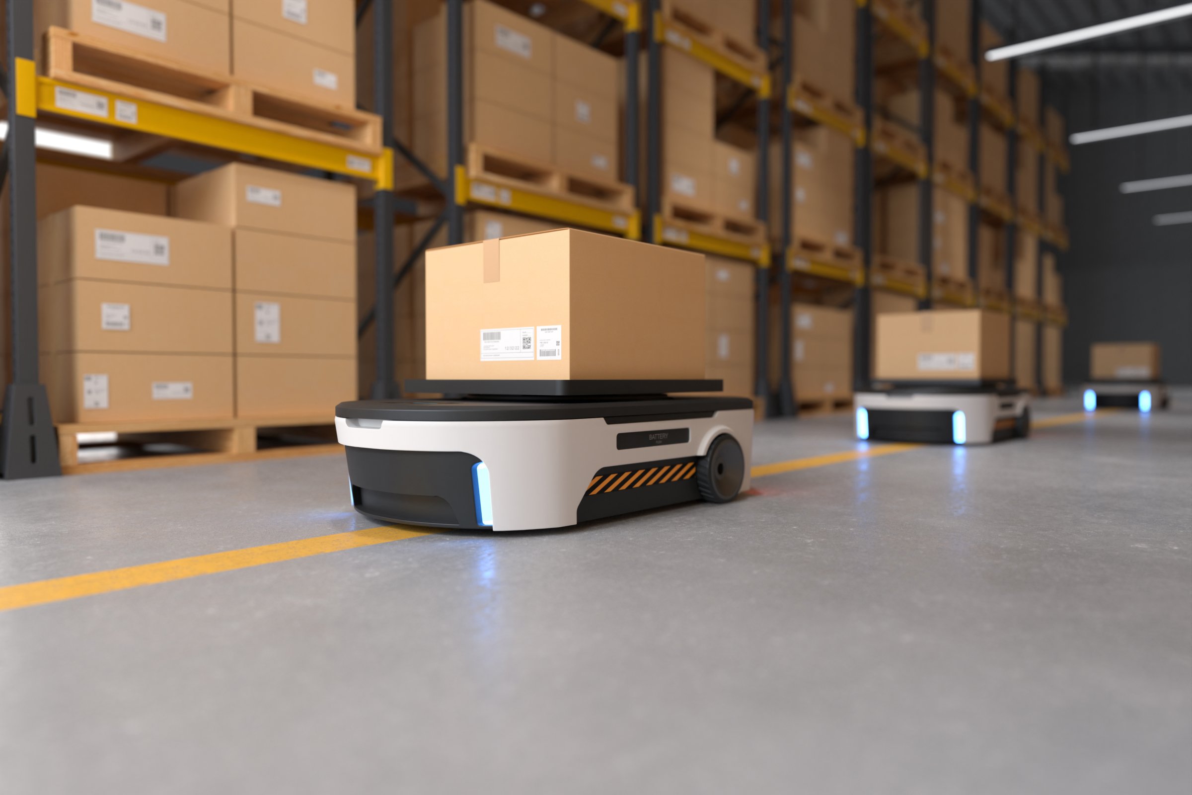 Robottikuljetuspaketteja automatisoidussa varastossa